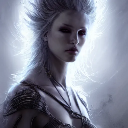 Image similar to kerli koiv, nordic goddess, darkwave, darksynth headshot character portrait, sharp, digital matte painting, art by luis royo, greg rutkowski, wlop, dramatic lighting, trending on artstation