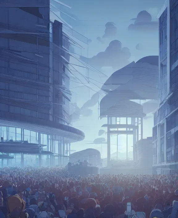 Prompt: minimalist building made from surgery, crowds of people, by dan mumford, yusuke murata, makoto shinkai, ross tran, cosmic, hellish, god rays, cinematic, unreal engine, cel shaded, featured on artstation, pixiv