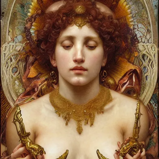 Prompt: hyper realistic painting of aphrodite, gold ornaments, flowing fabric, intrincate detail, detailed faces by wayne barlowe, gustav moreau, goward, gaston bussiere and roberto ferri, santiago caruso, and austin osman spare, ( ( ( ( occult art ) ) ) ) bouguereau, alphonse mucha, saturno butto,