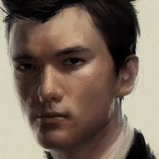 Prompt: Portrait of a man by Greg Rutkowski, he is about 30 years old, mixture between russian and chinese, short black hair, attractive, smart looking, he is wearing a black futuristic lawyer outfit, highly detailed portrait, scifi, digital painting, artstation, concept art, smooth, sharp foccus ilustration, Artstation HQ