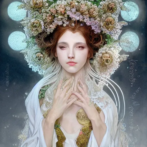 Image similar to a photograpic portrait of a anthropomorphic mimosa wearing white clothes, fantasy, intricate, elegant, highly detailed, digital painting, artstation, concept art, smooth, sharp focus, illustration, art by artgerm and H R Giger and alphonse mucha