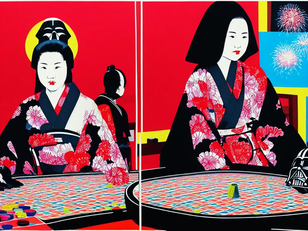 Image similar to hyperrealistic composition of the detailed woman in a japanese kimono sitting at a poker table with detailed darth vader, fireworks, mount fuji on the background, pop - art style, jacky tsai style, andy warhol style, acrylic on canvas