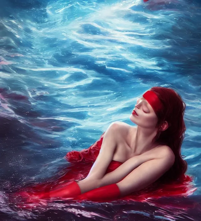 Image similar to scarlet witch floating in the sea while asleep and she is glowing red, nostalgia, very detailed texture, realistic shaded lighting, studio quality, digital art, dark background style by wlop, unreal engine 5 rendered, octane rendered, pinnacle studio, naturel, trending on artstation, art style by nixeu and ian sprigger