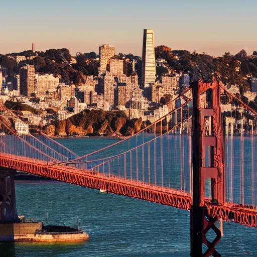 Prompt: San Francisco bridge with nyc skyline behind it, canon 8k, detailed, realistic, sunny