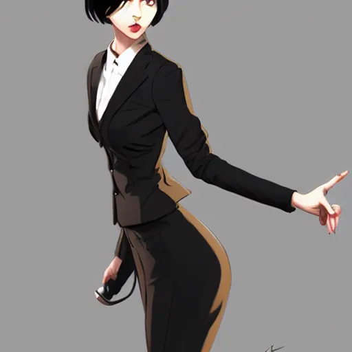 Image similar to beautiful slim scornful business girl in tuxedo with black short hair, elegant, 2d, ultra highly detailed, digital painting, smooth, sharp focus, artstation, trending on artstation, art by Ilya Kuvshinov