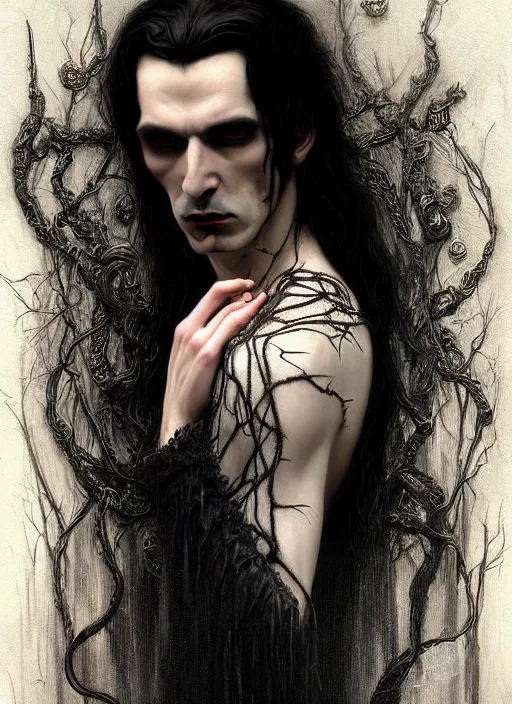 Image similar to highly detailed oil painting | very intricate | cinematic lighting | black, white and blood color scheme, dark background | portrait of a exquisite beautiful vampire man with long elegant tangles of black hair, eyes, gothic fog ambience, hyper realistic head, fantasy victorian art, in the style of greg rutkowski, zdizslaw beksinski, intricate, alphonse mucha