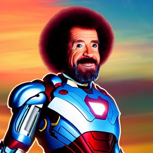 Image similar to a still of Bob Ross as Ironman. Magic Hour. Professional photography, 4K. Mood