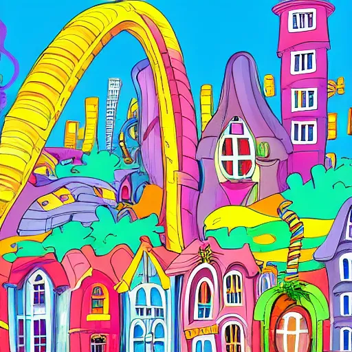 Image similar to fanciful city filled with curvy buildings, by dr seuss, oh the places you'll go, arches, platforms, towers, bridges, stairs, colorful kids book illustration