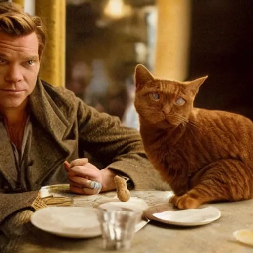 Prompt: ewan mcgregor is sitting at table in a cafe at paris in early 2 0 th century. next to him is a brown cat licking milk from little saucer, atmospheric feeling, warm colours, brown colours, yellow colours, epic scene, cinematic, very detailed