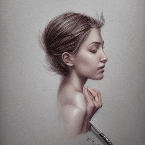 Image similar to sketch of a beautiful young woman, pencil art, ink and pencil, hyperrealistic, hyperdetailled, digital art, greg rutkowski, artstation, 8 k, beautiful drawing, paper texture, spray paint, watercolors