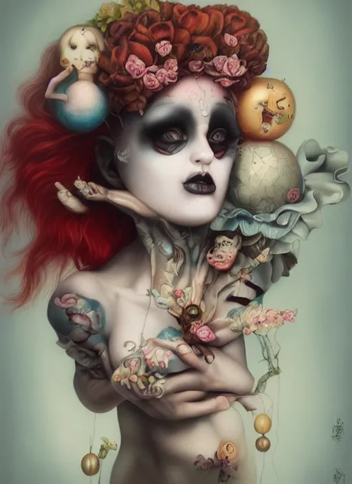 Image similar to pop surrealism, lowbrow art, realistic clown painting, japanese street fashion, hyper realism, muted colours, rococo, natalie shau, loreta lux, tom bagshaw, mark ryden, trevor brown style,