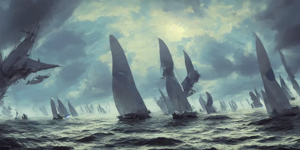 Prompt: Fleet of ship shaped cats sailing over a blue ocean, Darek Zabrocki, Karlkka, Jayison Devadas, Phuoc Quan, trending on Artstation, 8K, ultra wide angle, pincushion lens effect.