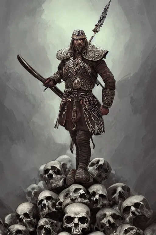 Prompt: a distant shot of a Ukrainian barechest cossack with a sword standing alone on a pile of skulls as a winner, masculine figure, D&D, fantasy, intricate, elegant, highly detailed, extremely detailed, digital painting, artstation, concept art, matte, sharp focus, symmetrical, illustration, art by Artgerm and Greg Rutkowski and Alphonse Mucha