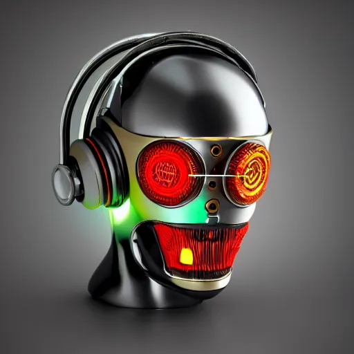 Prompt: a glossy claymodel of a steampunk robot head with glowing futuristic steampunk headphones, 8 k, symetrical, flourescent colors, halluzinogenic, multicolored, insanely detailed, black background, 3 d render,