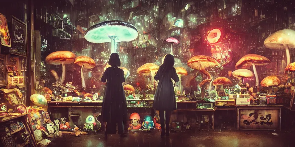 Prompt: a lively and whimsical dark fungal pawn shop, white haired skesis girls, cinematic framing, wide angle, rain lit, kawaii shop grows out from the stalk of a giant mushroom, cgsociety, siggraph, dystopian scifi, set design, oleg oprisco, conrad roset, anka zhuravleva, gediminas pranckevicius, cornell, kawasaki