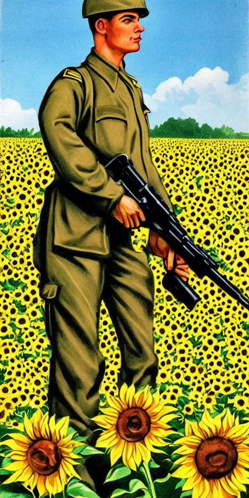 Prompt: Communist Propaganda Poster of a soldier in a sunflower field holding an Steyr AUG.