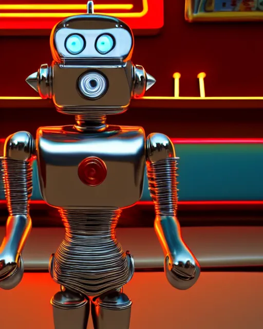 Image similar to highly detailed closeup, face profile portrait of a tin toy retro 1 9 5 0 s robot in a diner, bikini, unreal engine, max fleischer, global illumination, detailed and intricate environment