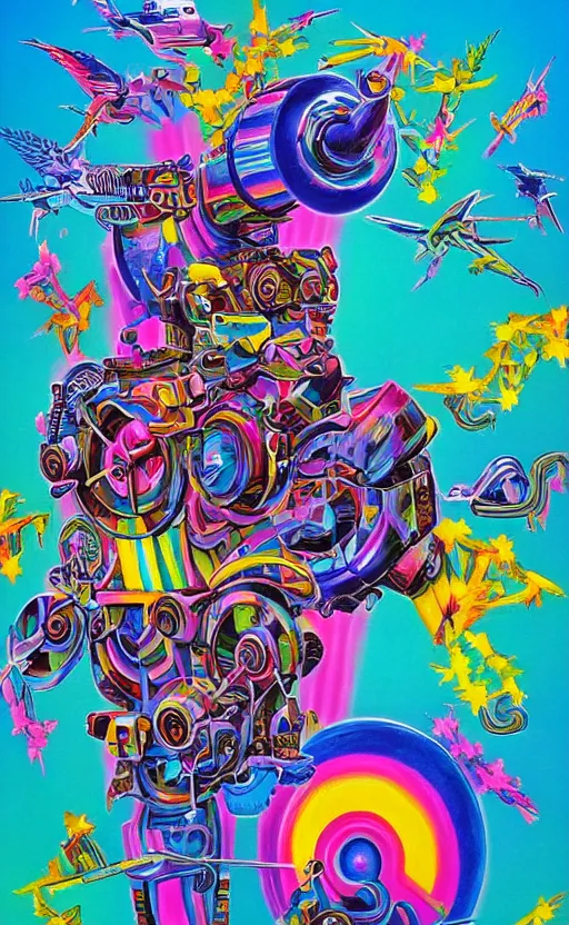 Prompt: surrealist war machine by yoko d'holbachie, lisa frank,