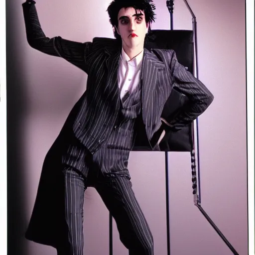 Prompt: A photgraphic portrait of the character, Desire, a tall, smiling androgyne with black hair and a grey pinstripe suit, studio lighting, medium shot, Life Magazine, 1978, Vertigo Comics, The Sandman written by Neil Gaiman, against a stormy sky