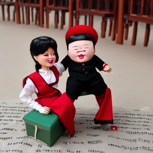 Image similar to screaming kim jong un doll having a picnic with jimin doll