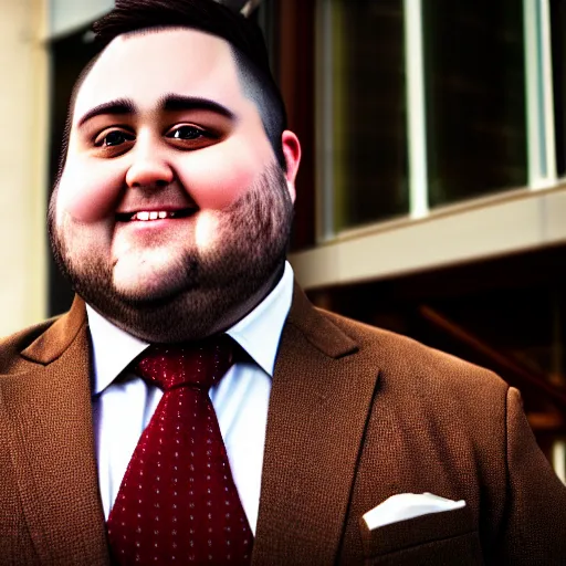 Prompt: Close up portrait of a chubby man wearing a brown suit and necktie with a bakery in the background. Photorealistic. Award winning. Dramatic lighting. Intricate details. UHD 8K. He looks happy.