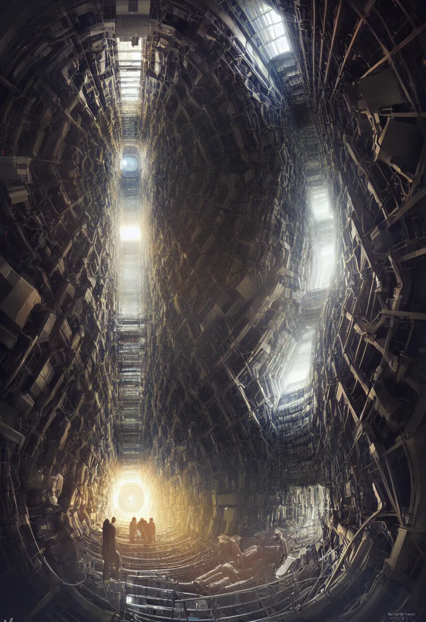 Image similar to man trapped inside cern large hadron collider, pulled apart, ultra high definition, ultra detailed, matte painting, by greg rutkowski and ross tran and wlop