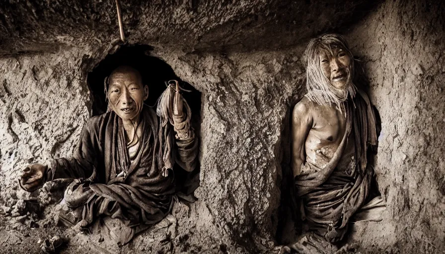 Image similar to a tibetan man in a dirty barque in a tiny tunnel, leica sl 2 technicolor, heavy grain, high quality, high detail, mud