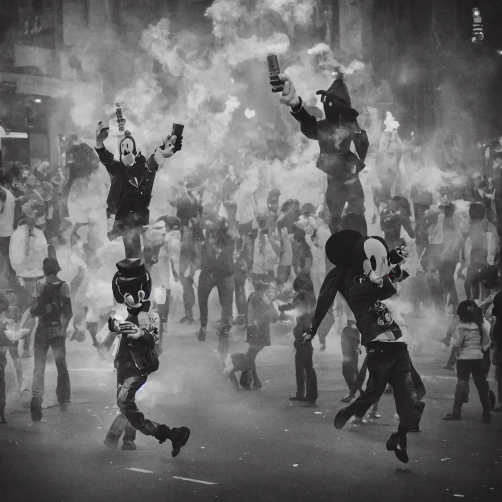 Prompt: 500mm telephoto lens bokeh lights!!! epic pose!!! googly eyed, protester human body Mickey Mouse throwing a Molotov cocktail in a popular revolt, fire, smoke, busy city , full body , Cinematic focus, Polaroid photo, vintage , neutral dull colors, soft lights, foggy , by oleg oprisco , by national archives, by discovery channel, by victor enrich , by gregory crewdson