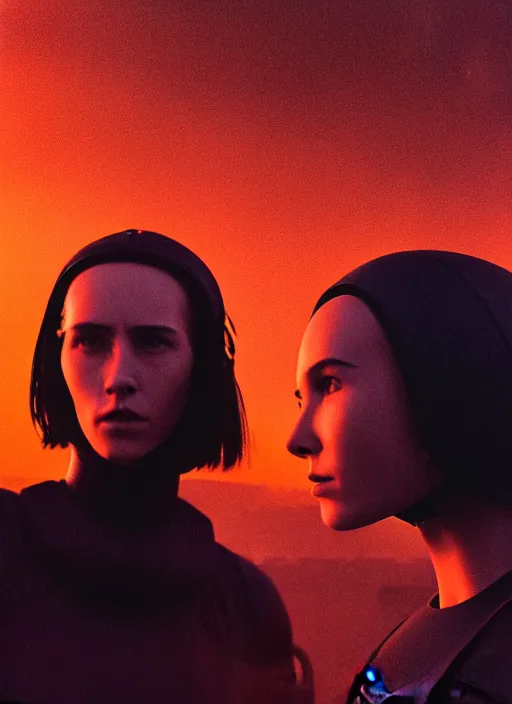 Image similar to cinestill 5 0 d photographic portrait of two loving female androids wearing rugged black techwear on a desolate plain with a red sky in front of a brutalist structure, extreme closeup, cyberpunk style, dust storm, 8 k, hd, high resolution, 3 5 mm, f / 3 2, ultra realistic faces, ex machina