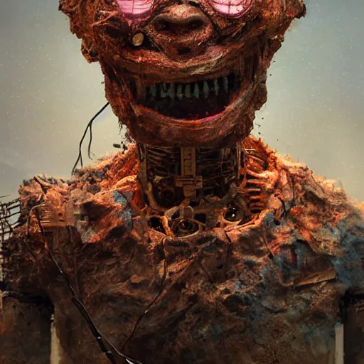 Image similar to an realistic humanoid animatronic made of rubbish with a creepy happy face, lost look, sparks, destroyed city on fire, broken wires, depth of field, robotic limbs on floor, by Greg Rutkowski and Zdzisław Beksiński, expressive face, synthetic skin, burnt