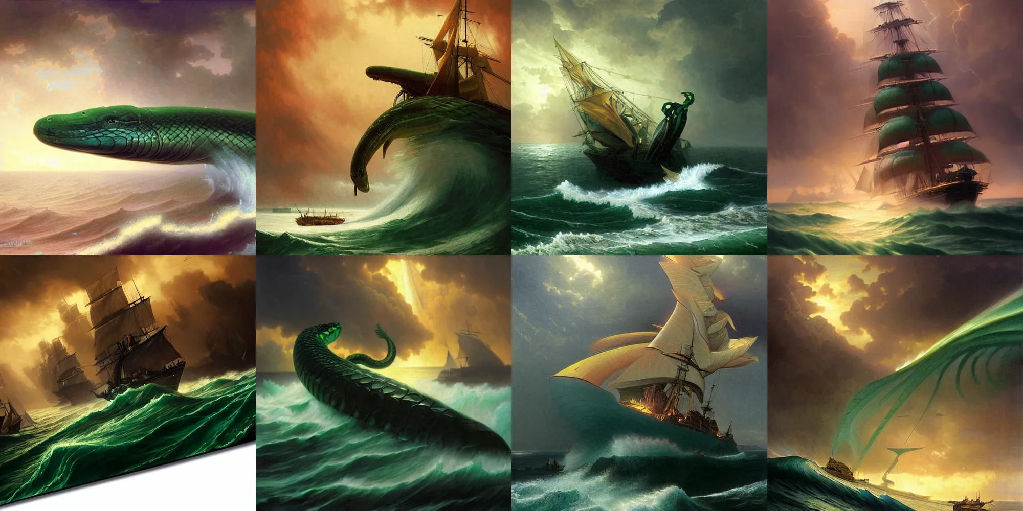 Prompt: Gigantic green sea snake with many yellow eyes attacking a fleet of ships, turbulent sea, red sky, thunderstorm, cinematic lighting, intricate, elegant, highly detailed, digital painting, artstation, sharp focus, illustration, art by artgerm and greg rutkowski and alphonse mucha and Wayne Barlowe and william-adolphe bouguereau