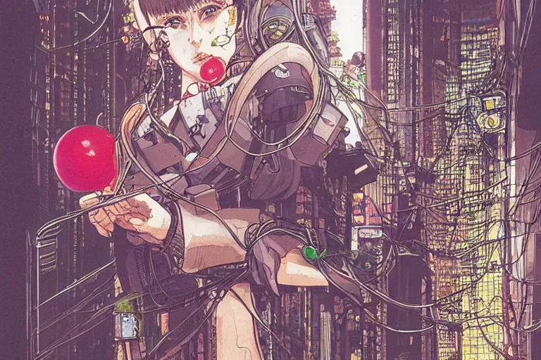 Image similar to an intricate, awe inspiring cyberpunk illustration of a girl with balloon, wires and cables coming out, by masamune shirow and katsuhiro otomo ((colorful))