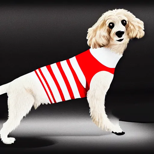 Prompt: a dog in an adidas full body suit, digital art
