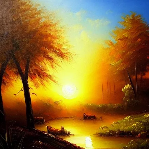 Image similar to an oil painting of the joys of the morning, amazing landscape, warm modern