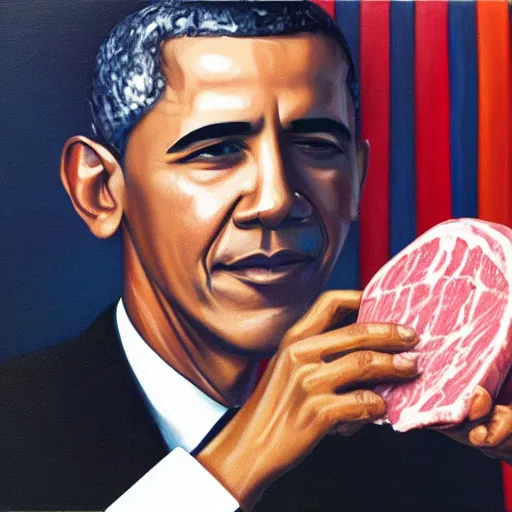 Prompt: oil painting of Barack Obama holding ham meat, 1960s