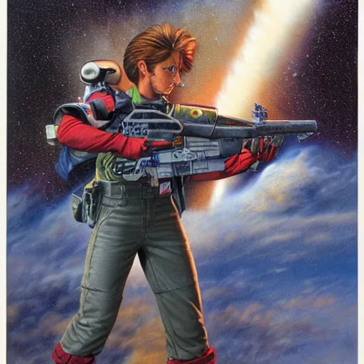 Image similar to an action portrait of fox mccloud holding a blaster, suspenseful, heroic, by peter elson