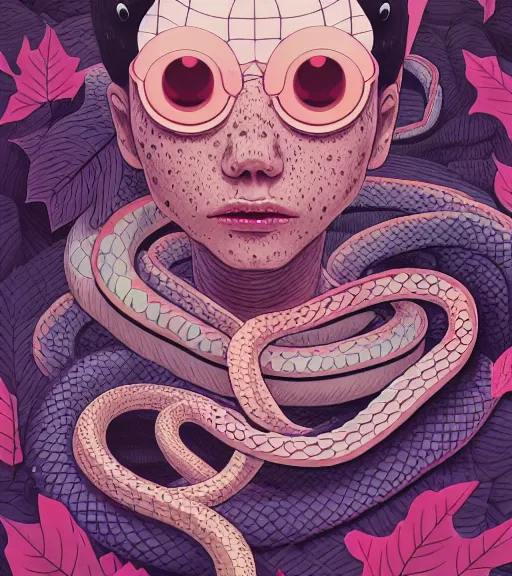 Prompt: portrait, nightmare anomalies, leaves with a snake by miyazaki, violet and pink and white palette, illustration, kenneth blom, mental alchemy, james jean, pablo amaringo, naudline pierre, contemporary art, hyper detailed