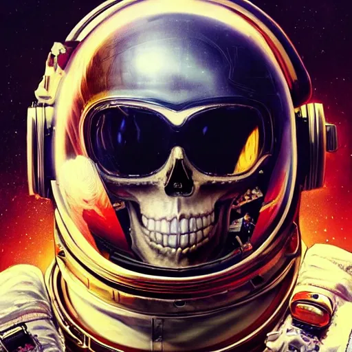 Image similar to a portrait of skull in an astronaut helmet by sandra chevrier, detailed render, epic composition, cybernetics, 4 k realistic, cryengine, realistic shaded lighting, sharp focus, masterpiece, by matteo scalera, gary montalbano, peter elson in the style of the tokyo ghost comic