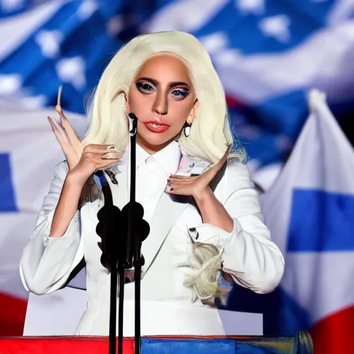 Image similar to Lady Gaga as president, Argentina presidential rally, Argentine flags behind, bokeh, giving a speech, detailed face, Argentina