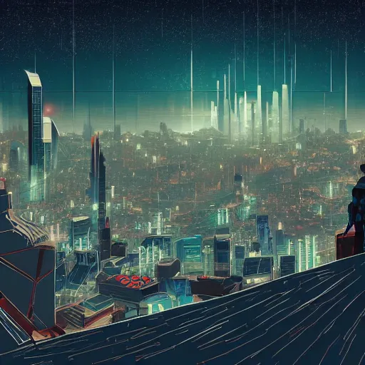 Prompt: city in the style of cyberpunk ontop of a mountain, space sky, anime illustration,