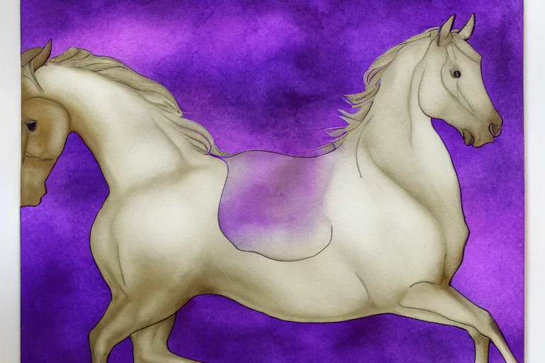 Image similar to beautiful serene horse, healing through motion, minimalistic golden and purple ink airbrush painting on white background