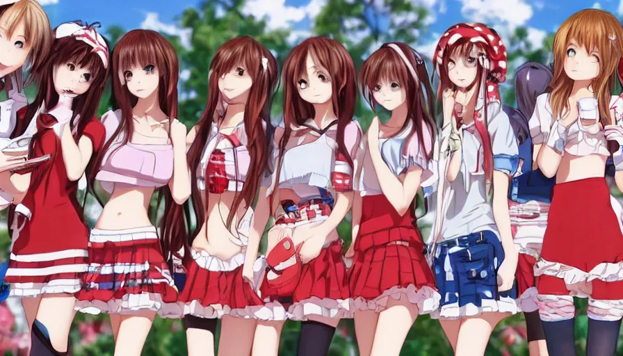 Prompt: waldo hiding amongst a group of cute anime girls in short miniskirts, lightly dressed, ultra detailed digital art, hyper real, detailed, closeup shot, ultra detailed