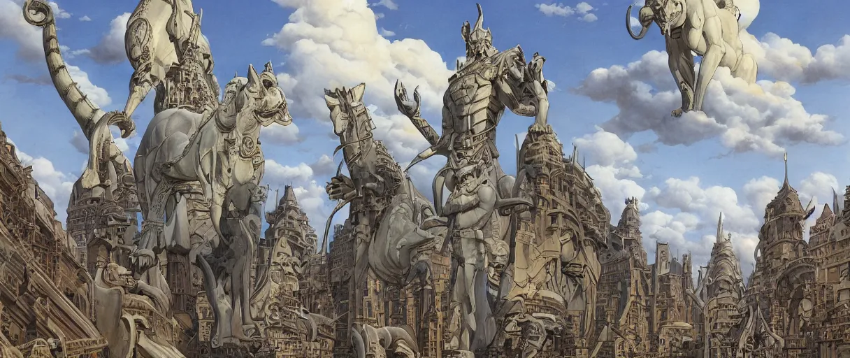 Prompt: A beautiful illustration of massive statues of anthropomorphic Feline gods by Robert McCall and Ralph McQuarrie | sparth:.2 | Time white:.2 | Rodney Matthews:.2 | Graphic Novel, Visual Novel, Colored Pencil, Comic Book:.1 | unreal engine:.3 | first person perspective | viewed from below | establishing shot:.7