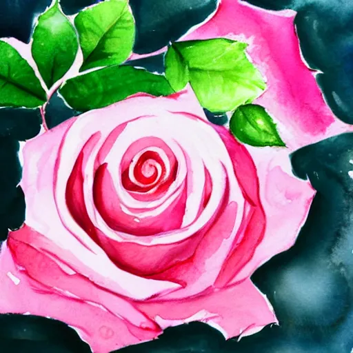 Prompt: close view of a pink rose, very bright lighting, watercolor, water paint