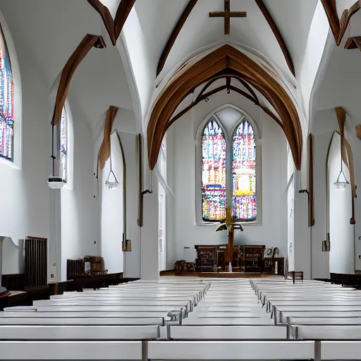 Image similar to a Church interior with white walls and wood floor