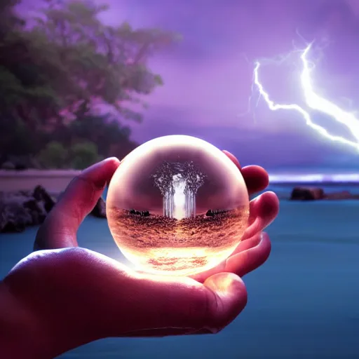 Image similar to a hand holding a crystal ball, in the crystal ball there are two frog warriors sitting on the beach, cinematic lightning, 8 k, octane render, matte painting, trending artstation