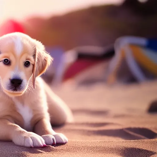 Prompt: cute puppy playing with a tennis ball at the beach, photo shoot, realistic, cinematic