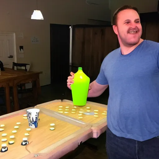 Prompt: shrek playing beer pong