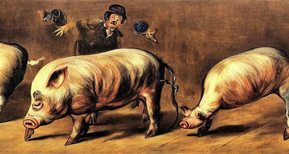 Image similar to trading pigs for swine by salvador dali and goya