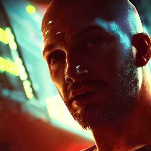 Image similar to tom hardy portrait, cyberpunk 2 0 7 7, cyberpunk, photorealistic, ultra detailed, neon, octane, bokeh, cinematic lighting, cyber, cyberpunk city, studio quality, feature, scars, cyberface, 8 k